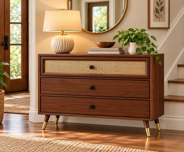 Cane Chest of Drawers – 3 Drawers, Solid Wood