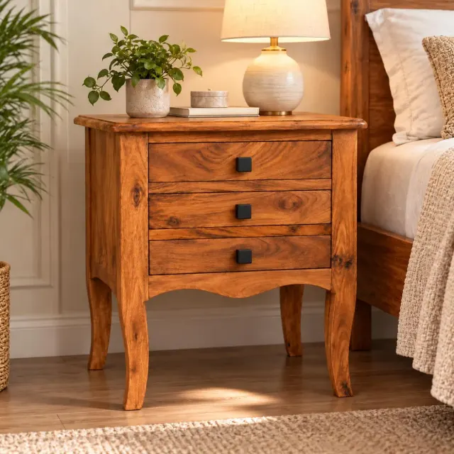 Handcrafted Bedside Table – 3 Drawers, Curved Legs (Natural)
