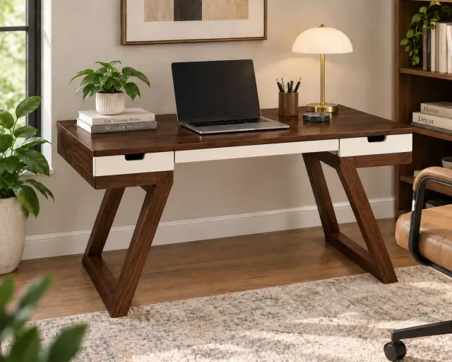 Solid Wood Study & Computer Table – 2 Drawers (Honey & White)