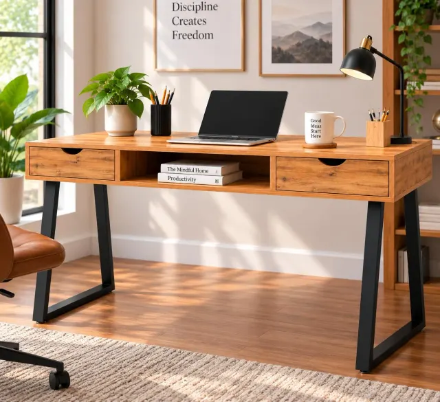 Solid Wood Writing Desk – 2 Drawers, Angled Legs (Natural)