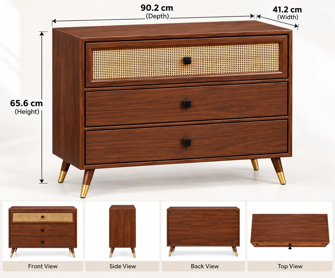 Cane Chest of Drawers – 3 Drawers, Solid Wood — view 2