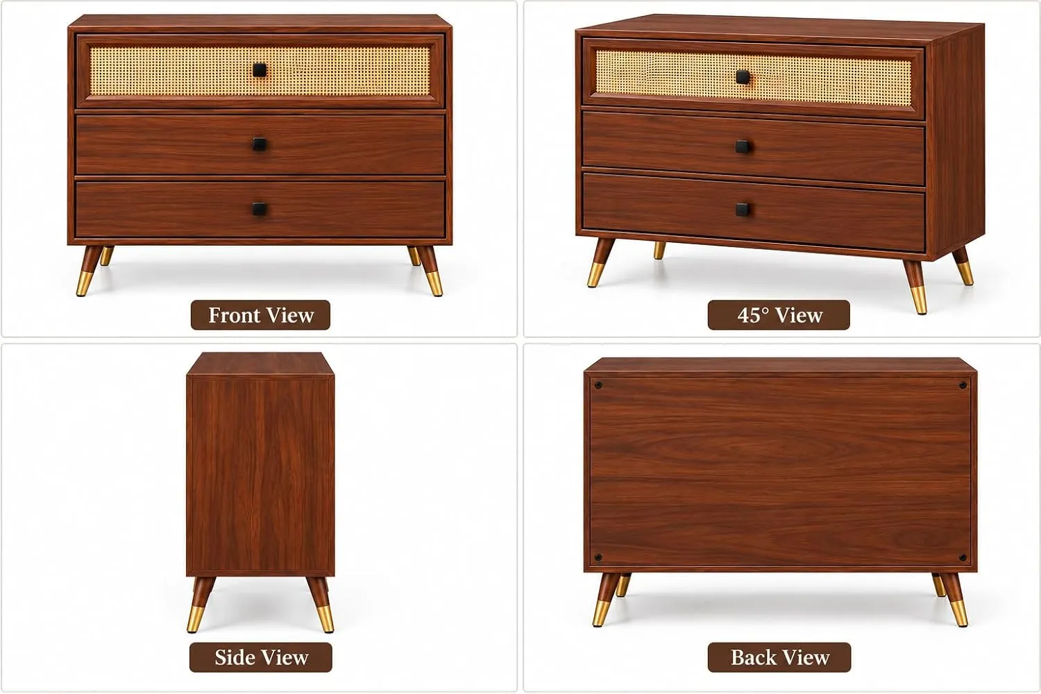 Cane Chest of Drawers – 3 Drawers, Solid Wood — view 6