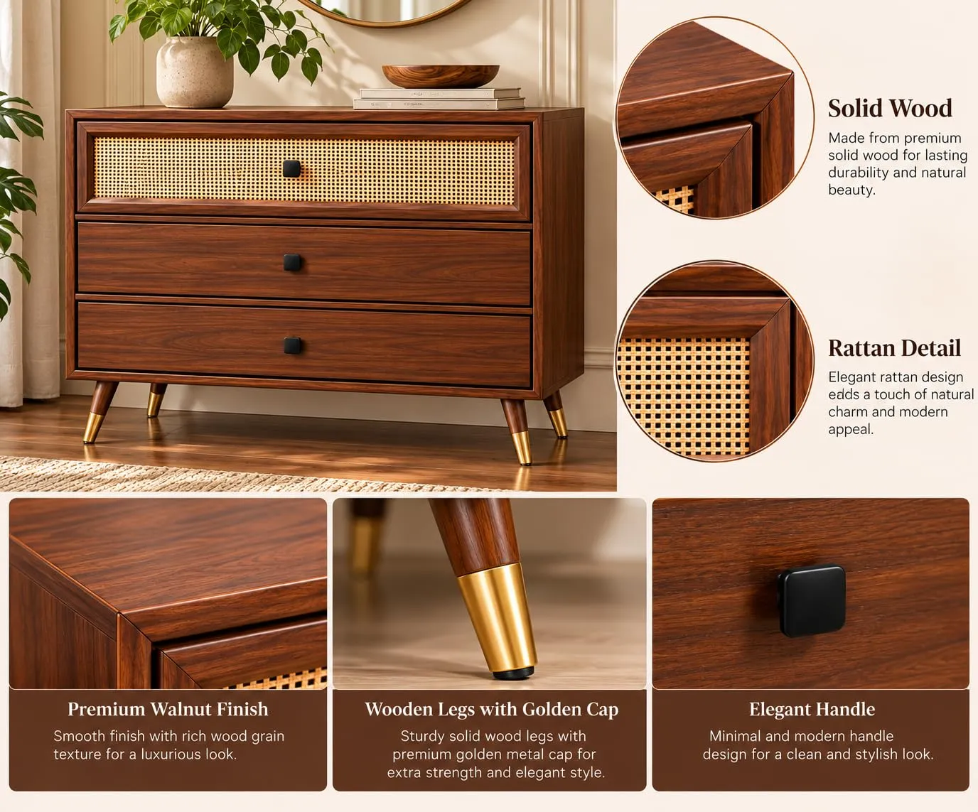Cane Chest of Drawers – 3 Drawers, Solid Wood — view 4
