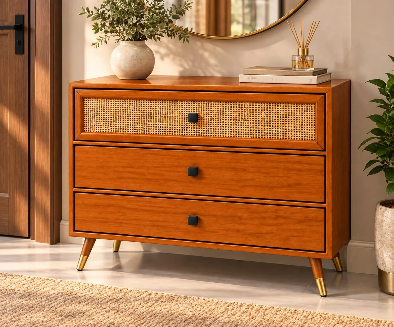 Cane Chest of Drawers – 3 Drawers, Solid Wood — view 7