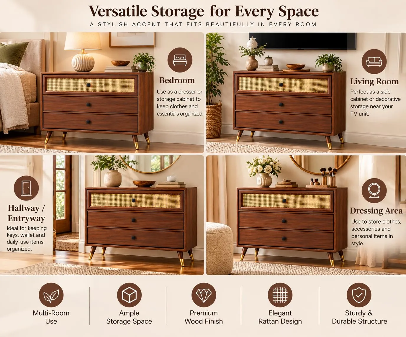 Cane Chest of Drawers – 3 Drawers, Solid Wood — view 3