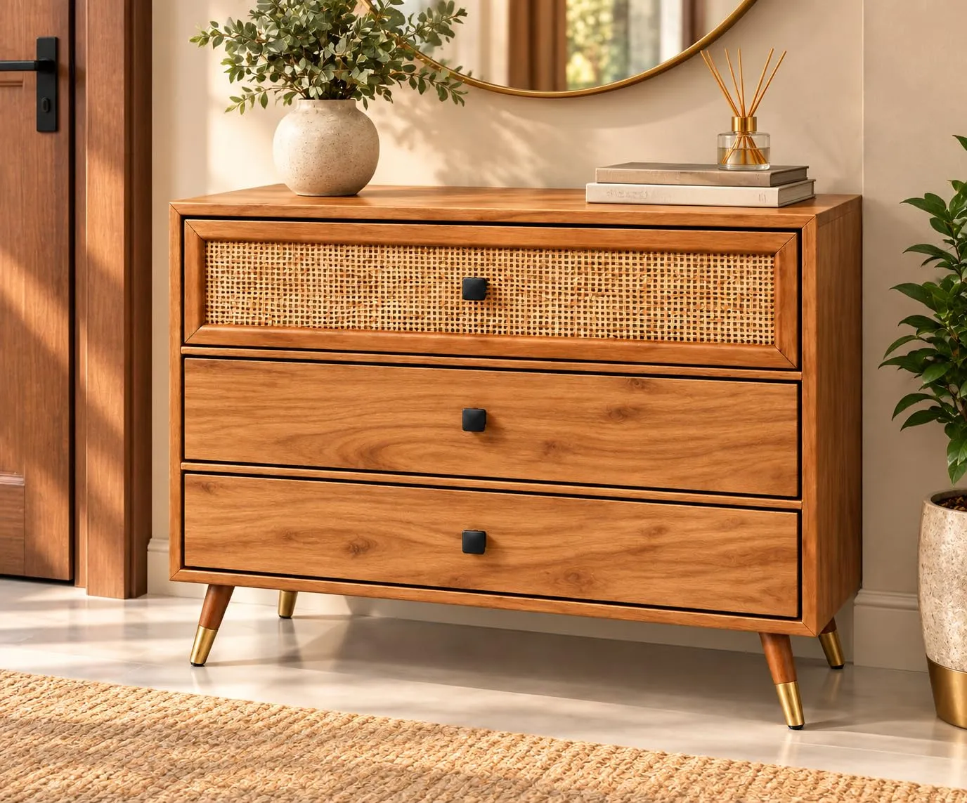 Cane Chest of Drawers – 3 Drawers, Solid Wood — view 8
