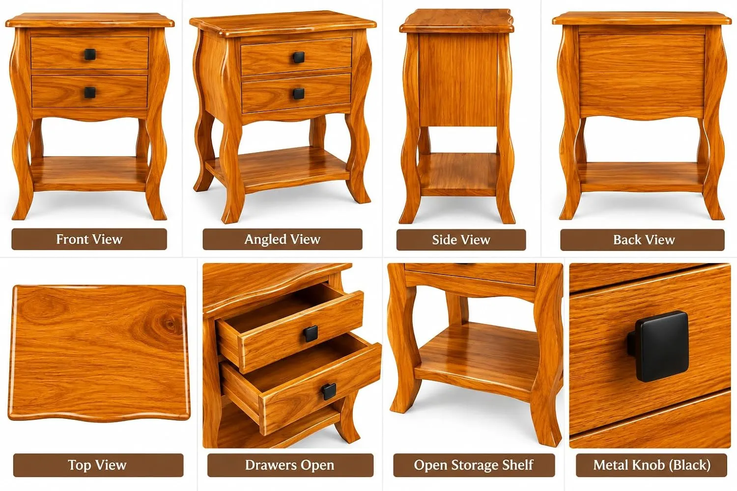Solid Wood Bedside Table – 2 Drawers + Open Shelf (Honey)