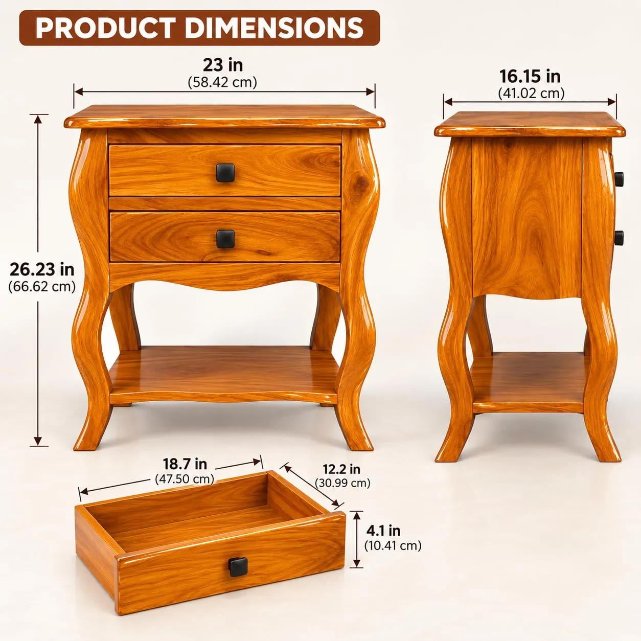 Solid Wood Bedside Table – 2 Drawers + Open Shelf (Honey)