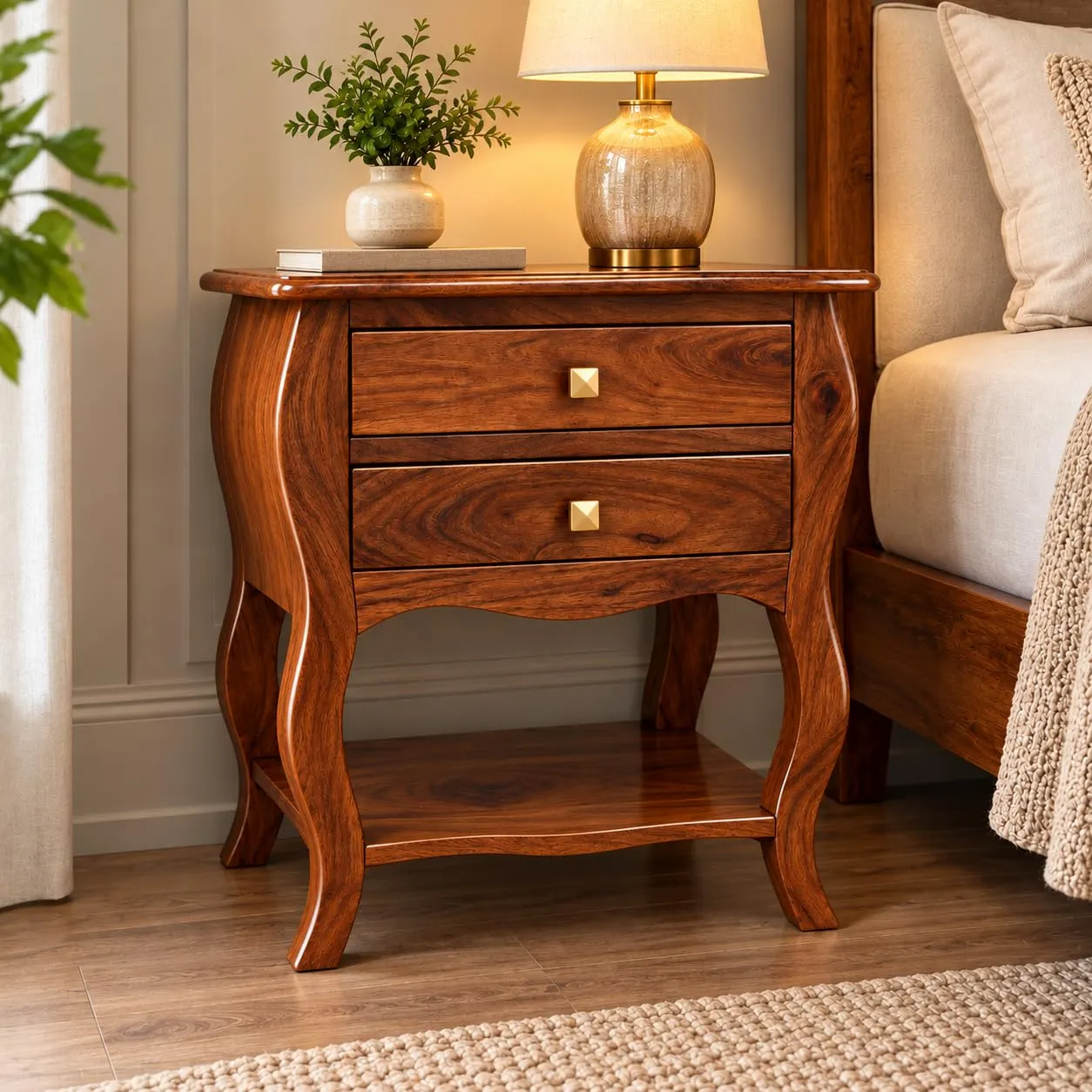 Solid Wood Bedside Table – 2 Drawers + Open Shelf (Honey)