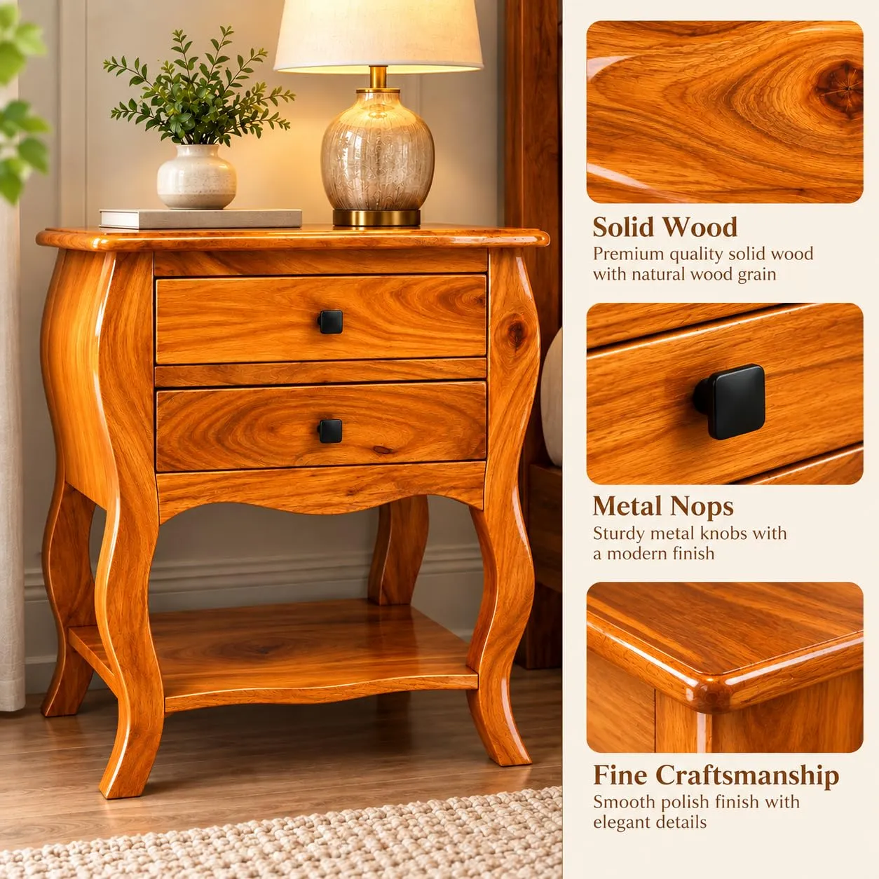 Solid Wood Bedside Table – 2 Drawers + Open Shelf (Honey)