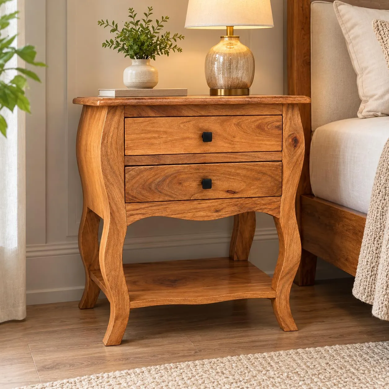 Solid Wood Bedside Table – 2 Drawers + Open Shelf (Honey)