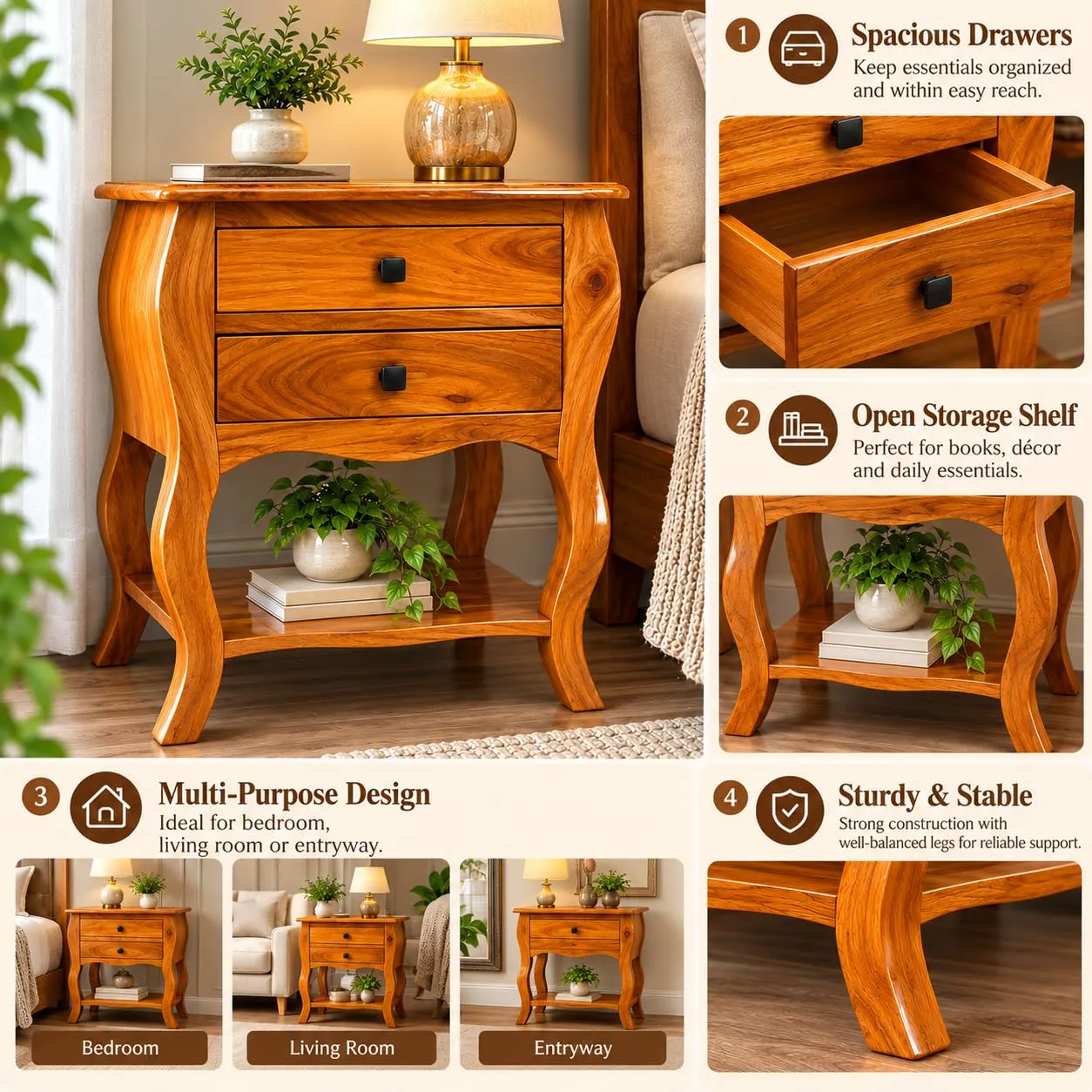 Solid Wood Bedside Table – 2 Drawers + Open Shelf (Honey)