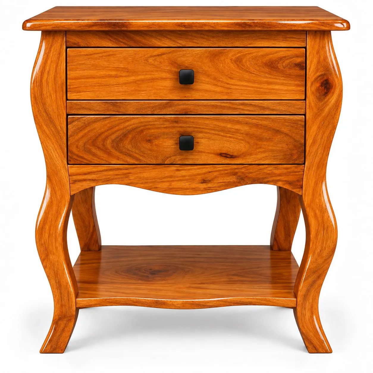 Solid Wood Bedside Table – 2 Drawers + Open Shelf (Honey)