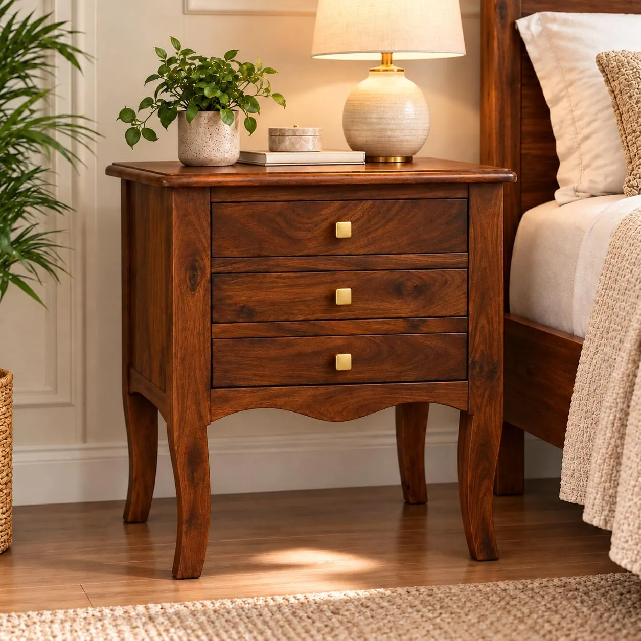 Handcrafted Bedside Table – 3 Drawers, Curved Legs (Natural)