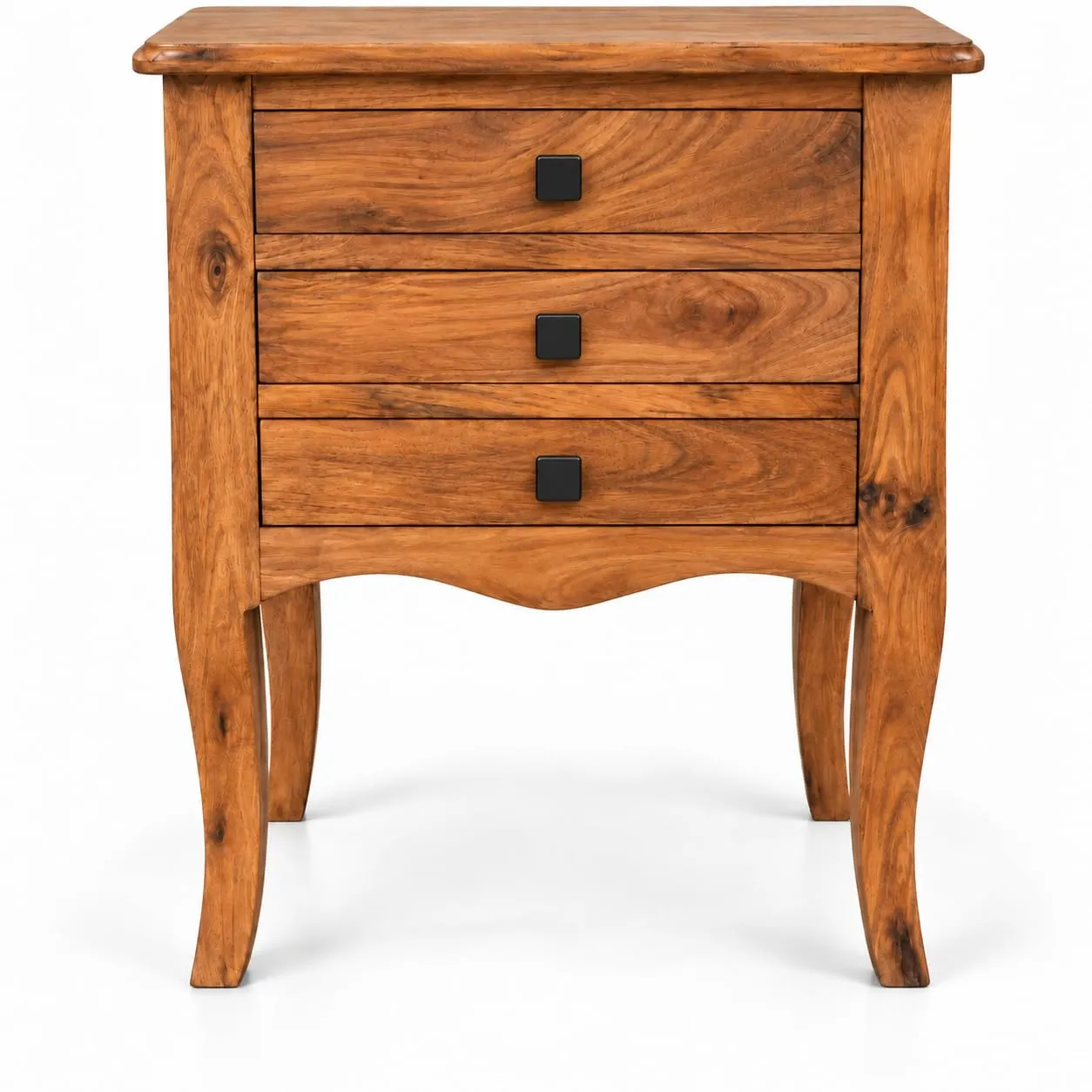 Handcrafted Bedside Table – 3 Drawers, Curved Legs (Natural)