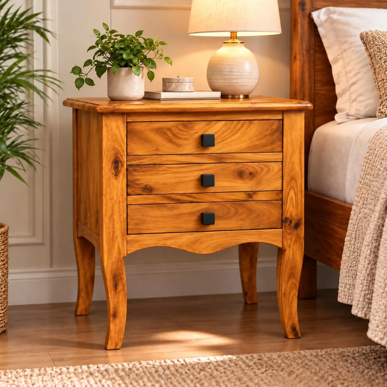 Handcrafted Bedside Table – 3 Drawers, Curved Legs (Natural)