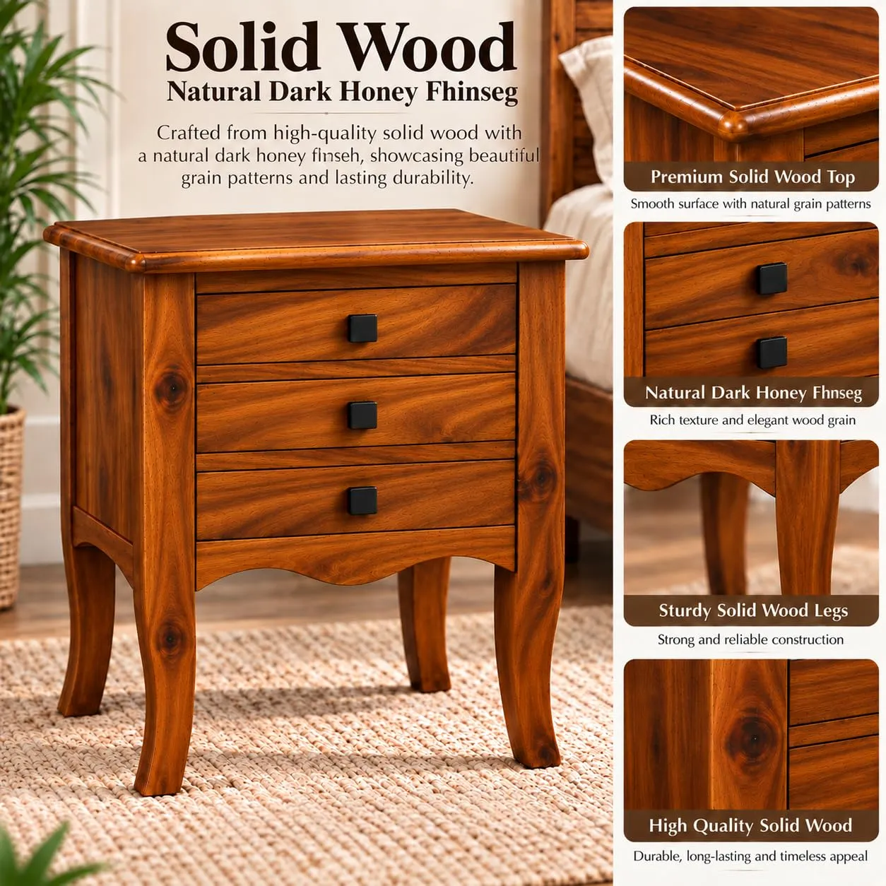 Handcrafted Bedside Table – 3 Drawers, Curved Legs (Natural)