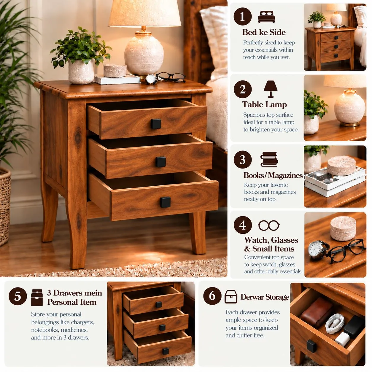 Handcrafted Bedside Table – 3 Drawers, Curved Legs (Natural)