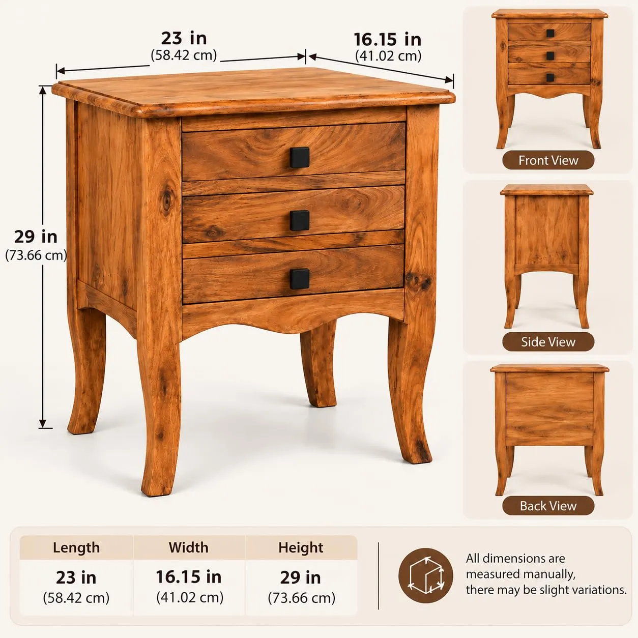 Handcrafted Bedside Table – 3 Drawers, Curved Legs (Natural)