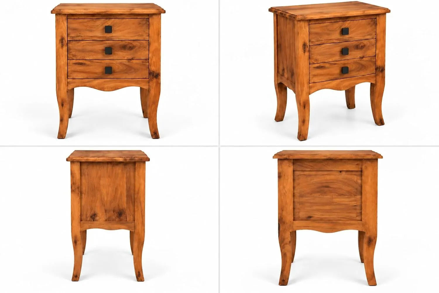 Handcrafted Bedside Table – 3 Drawers, Curved Legs (Natural)