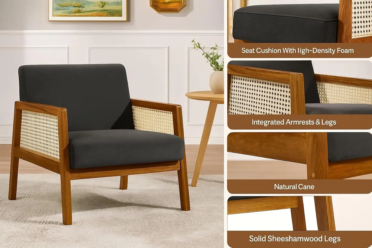 Sheesham Wood Arm Chair with Cane Back & Cushion