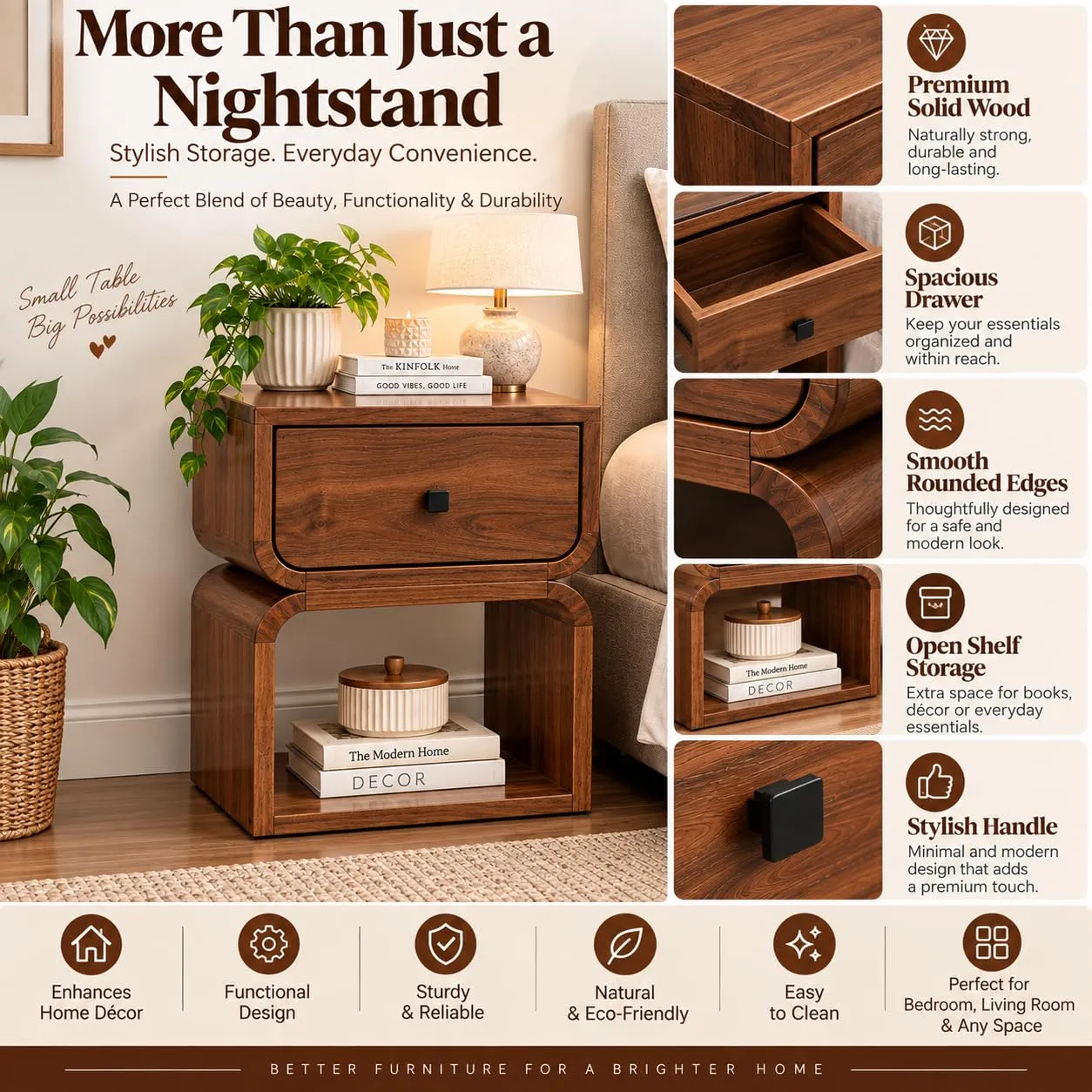 Solid Wood Bedside Table – 1 Drawer + Shelf (Walnut)