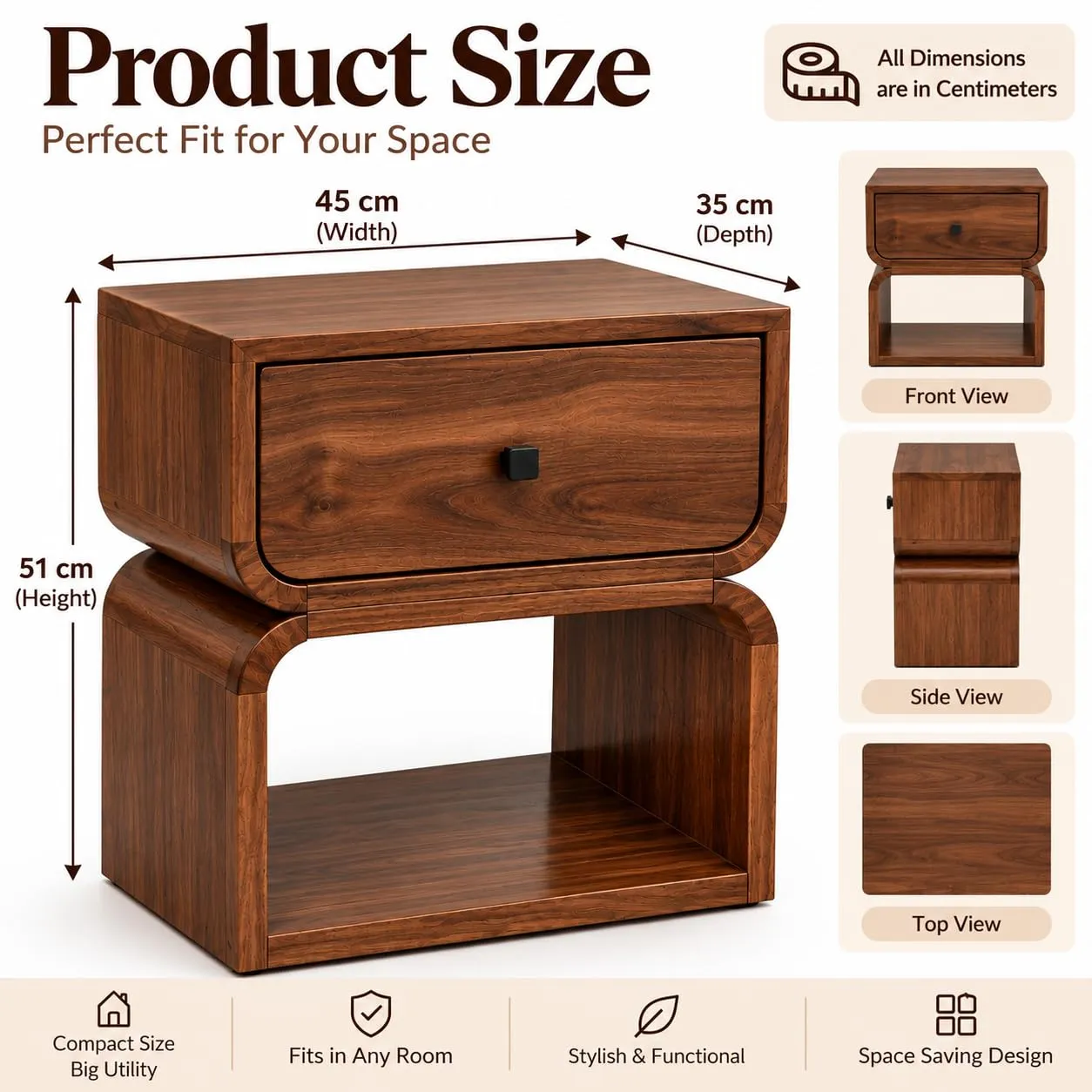 Solid Wood Bedside Table – 1 Drawer + Shelf (Walnut)