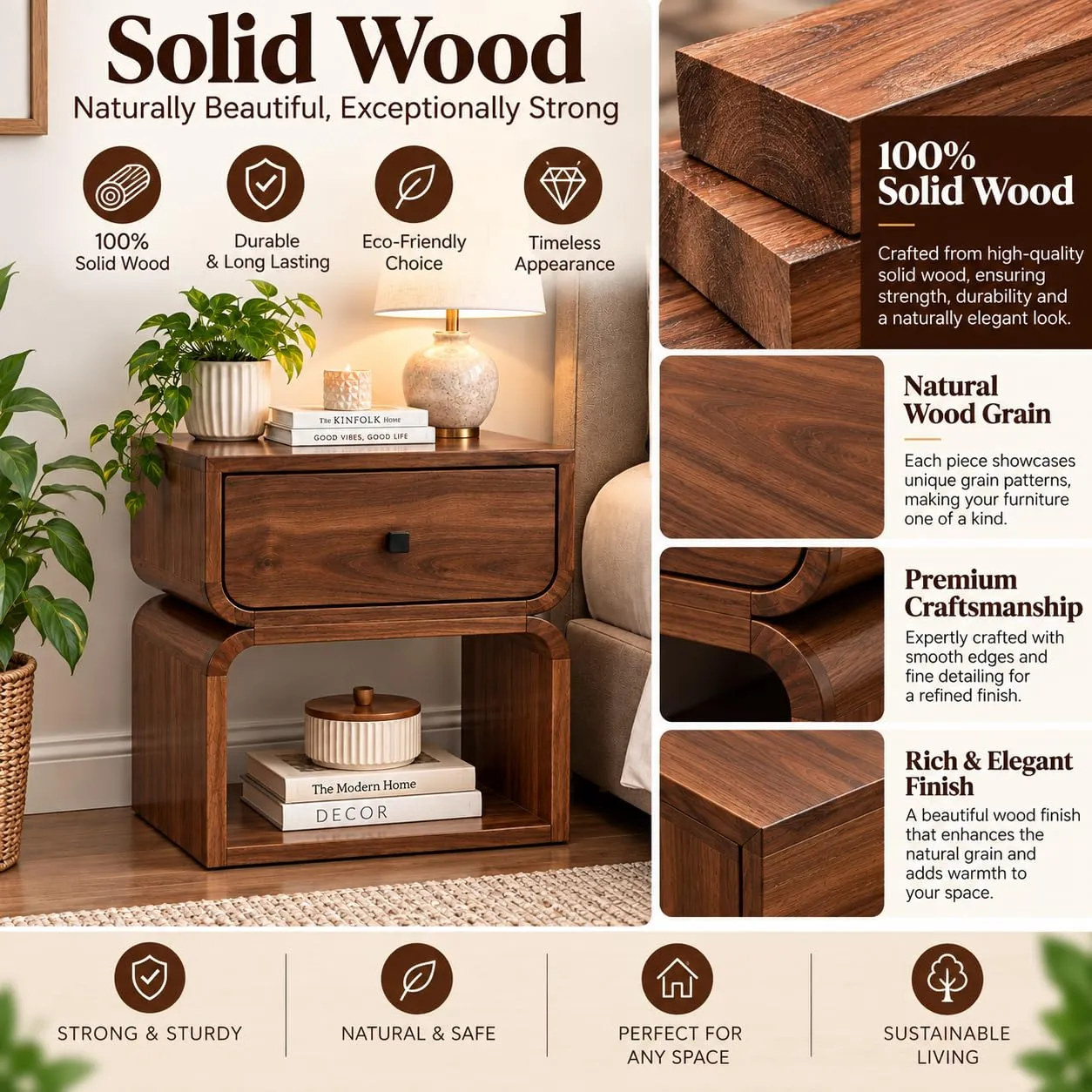Solid Wood Bedside Table – 1 Drawer + Shelf (Walnut)