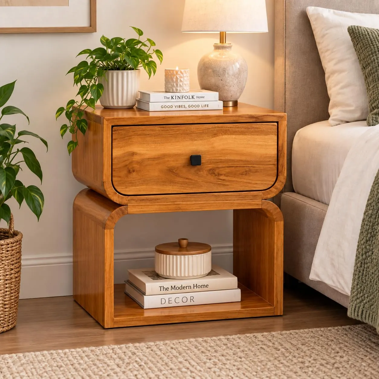 Solid Wood Bedside Table – 1 Drawer + Shelf (Walnut)