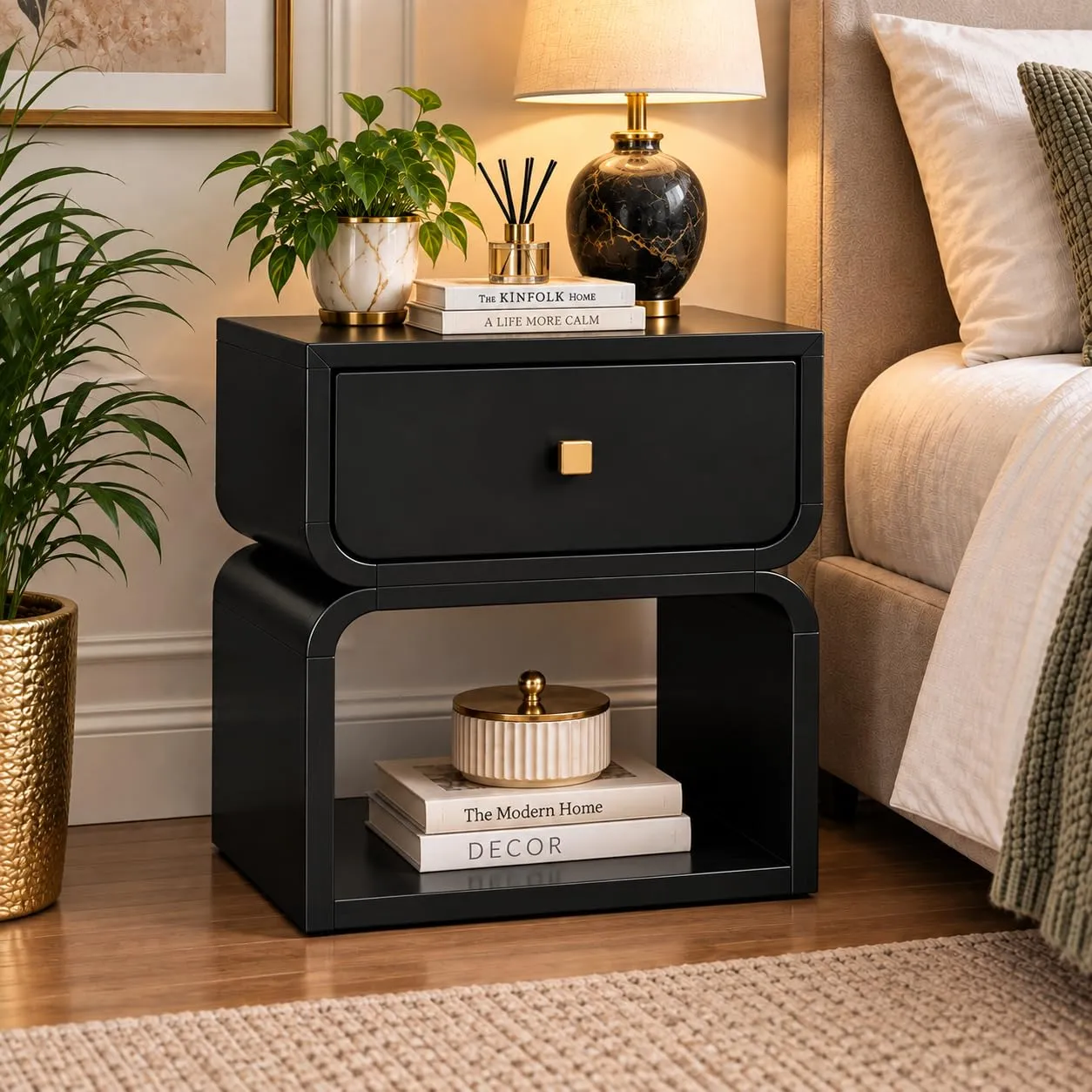 Solid Wood Bedside Table – 1 Drawer + Shelf (Walnut)