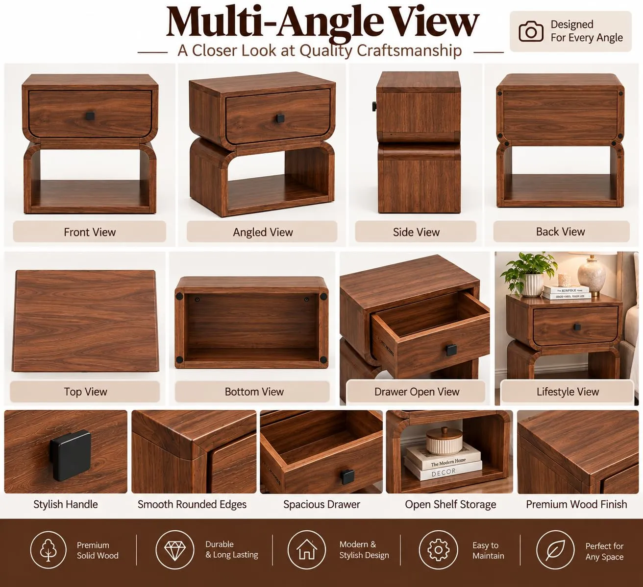 Solid Wood Bedside Table – 1 Drawer + Shelf (Walnut)