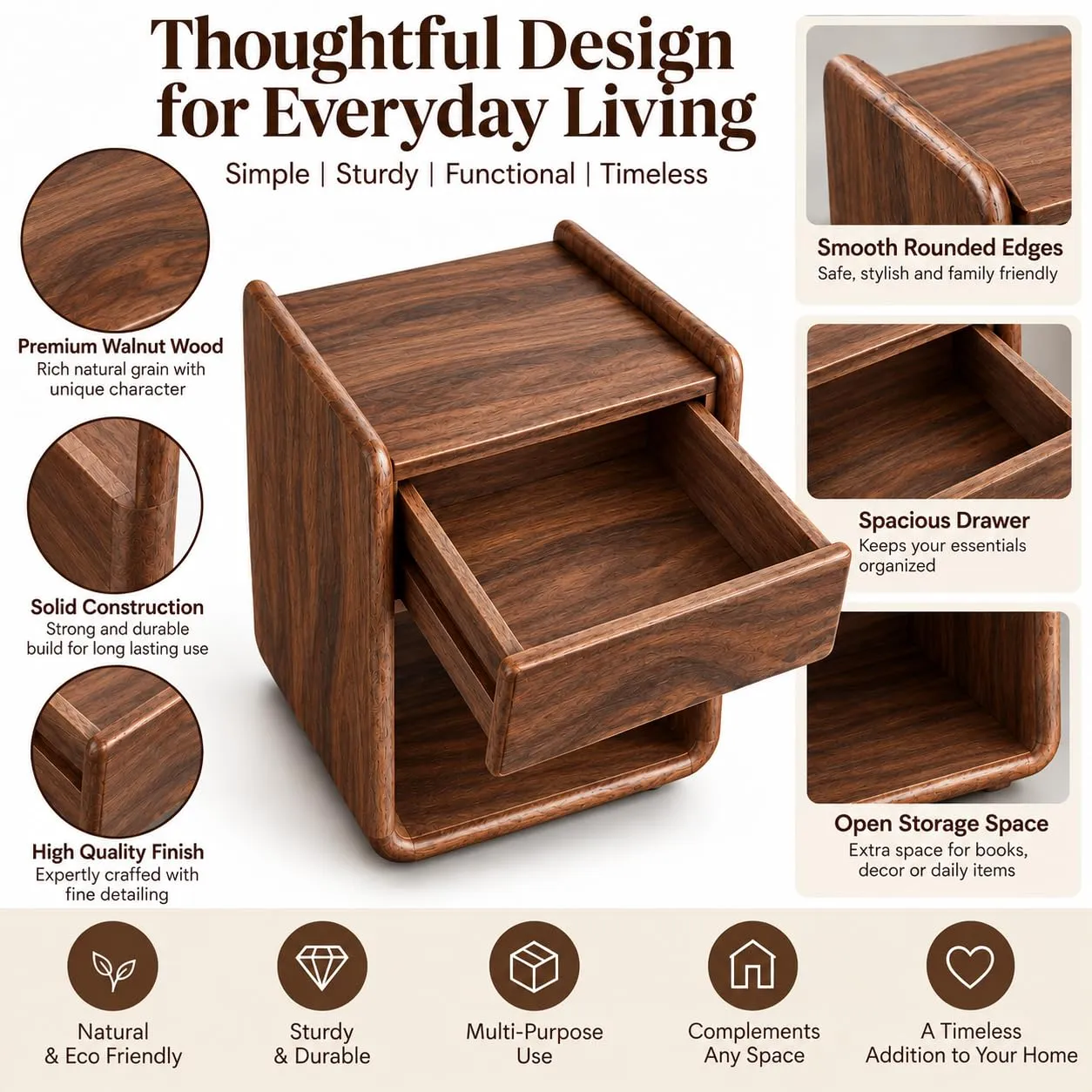 Solid Wood Nightstand – Drawer + Open Shelf (Walnut)