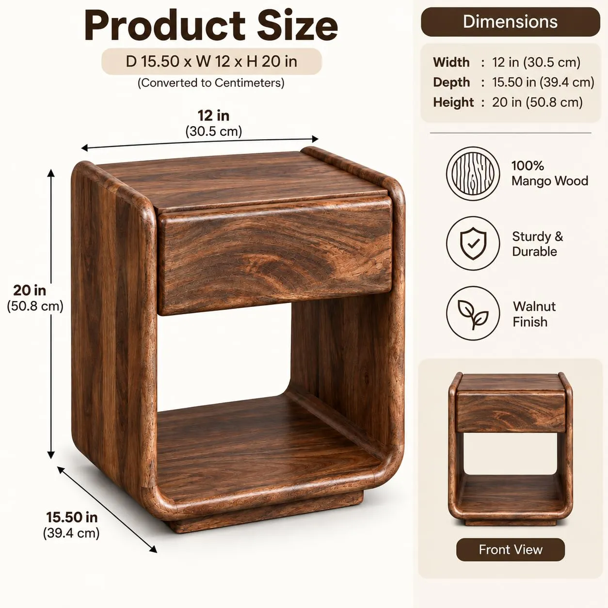 Solid Wood Nightstand – Drawer + Open Shelf (Walnut)
