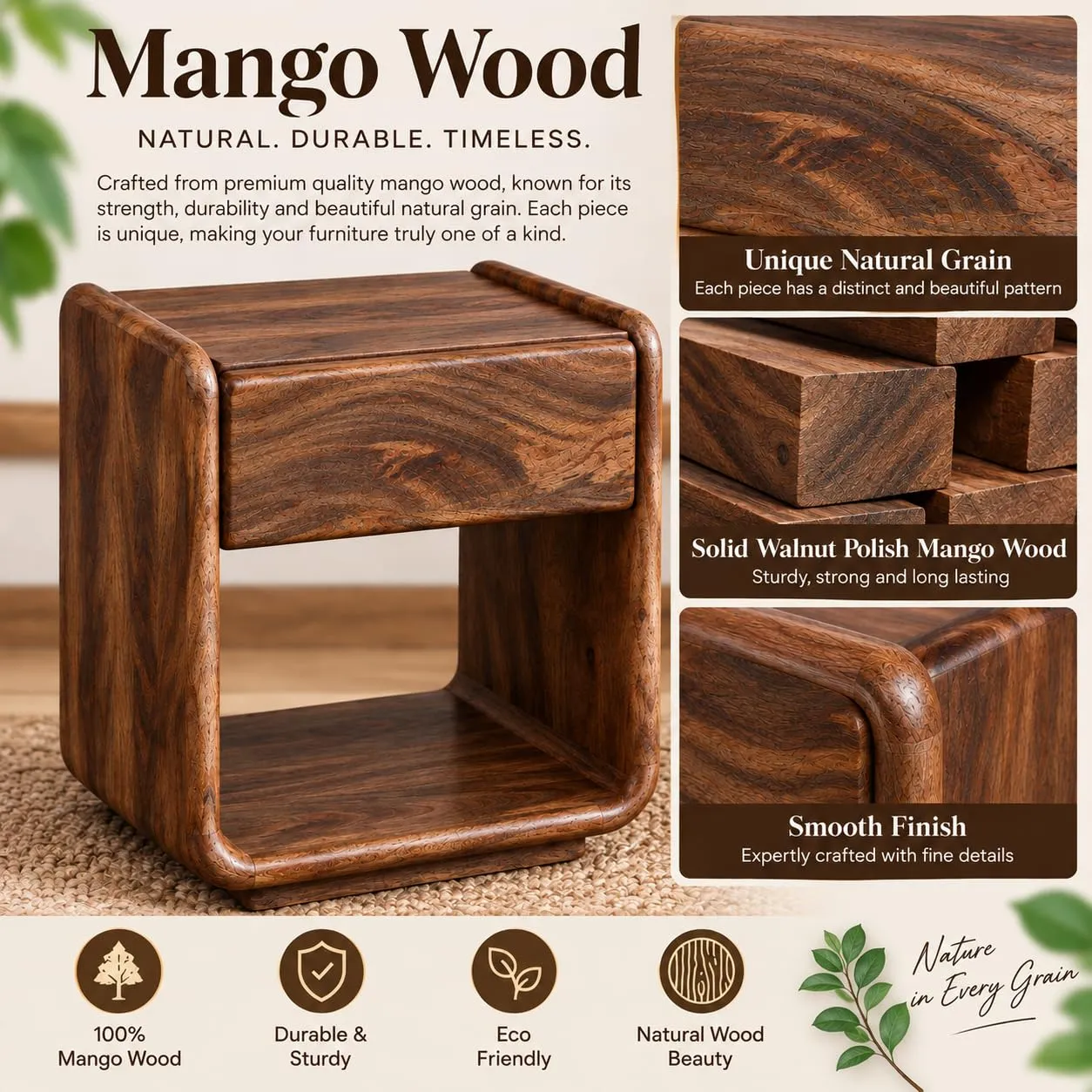Solid Wood Nightstand – Drawer + Open Shelf (Walnut)