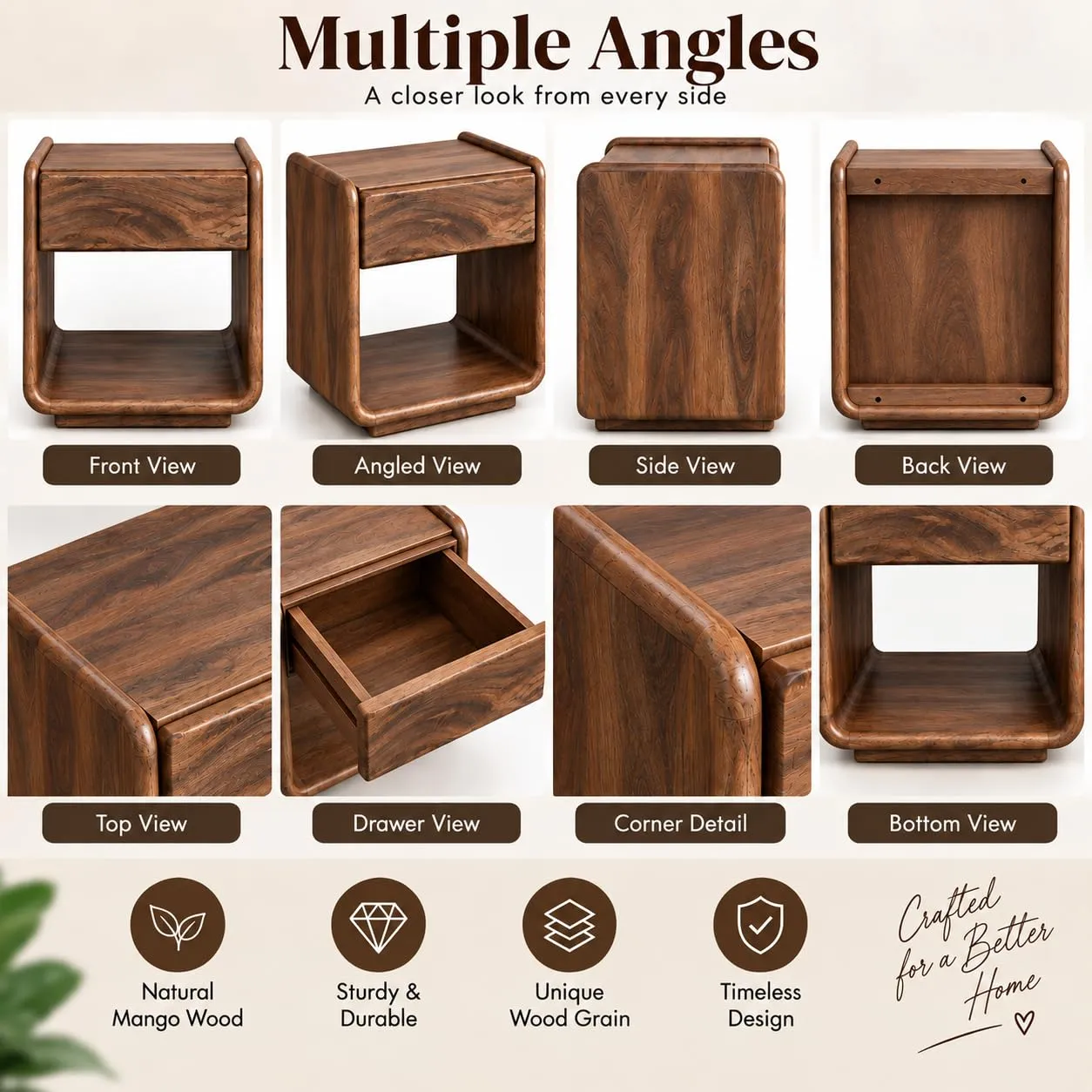 Solid Wood Nightstand – Drawer + Open Shelf (Walnut)