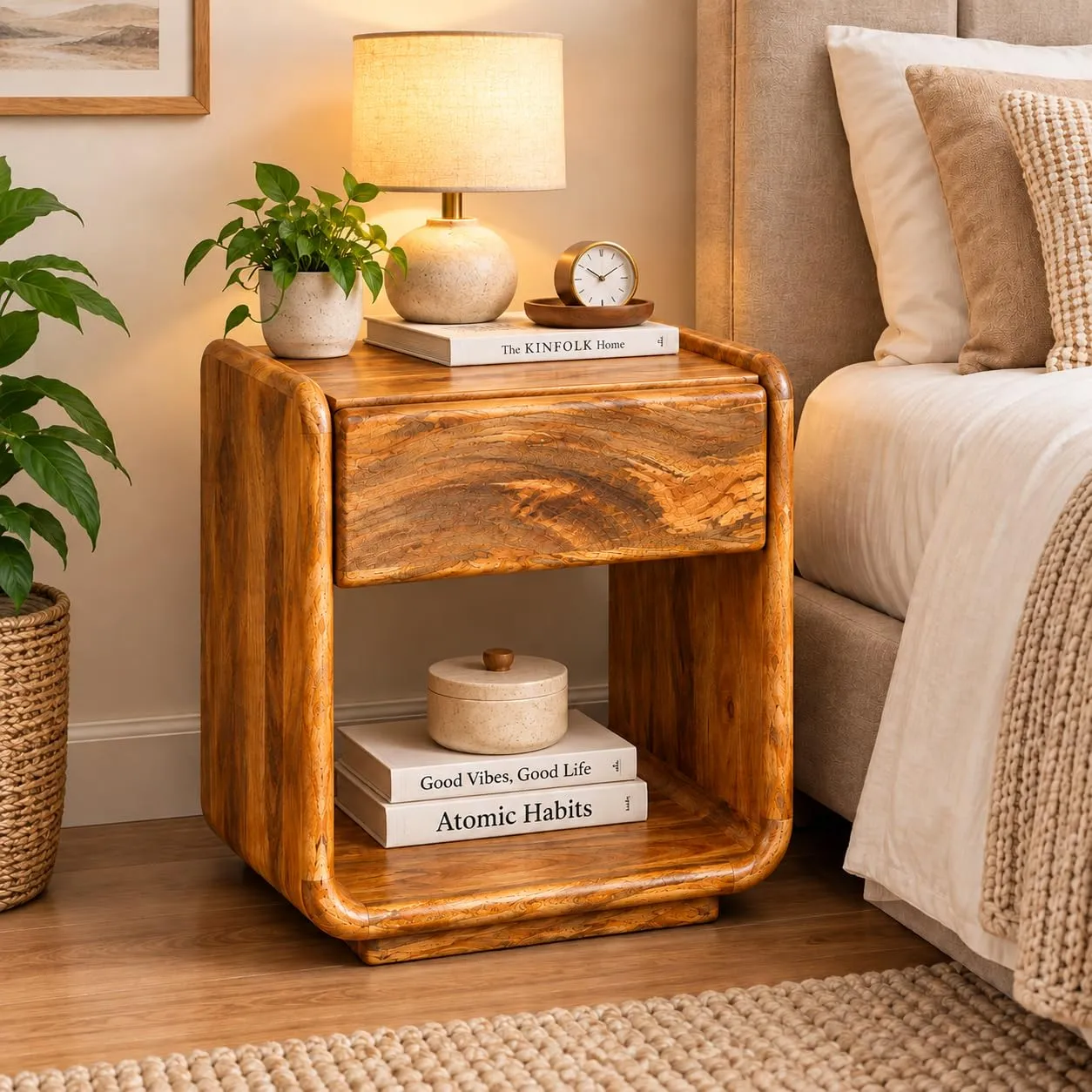 Solid Wood Nightstand – Drawer + Open Shelf (Walnut)