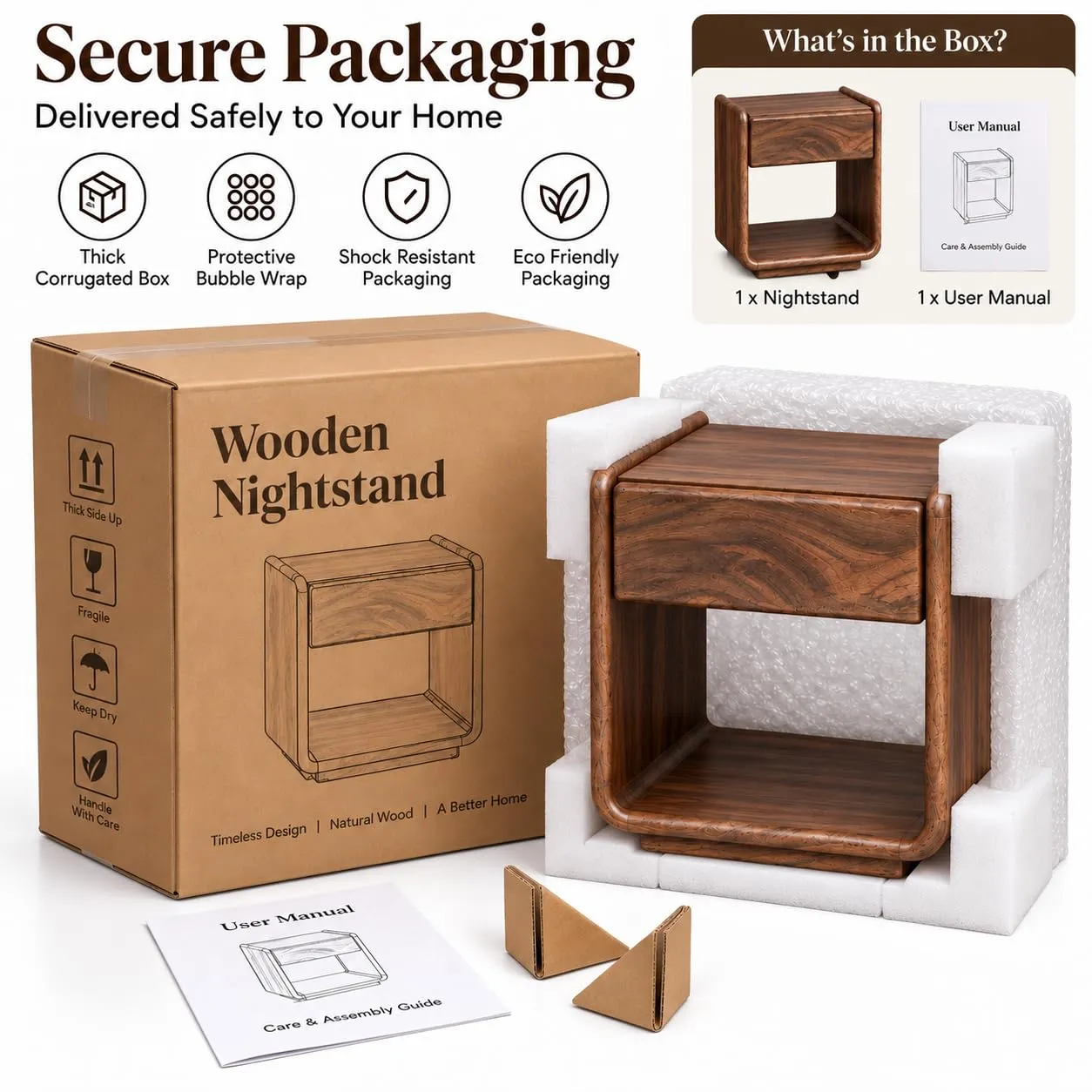 Solid Wood Nightstand – Drawer + Open Shelf (Walnut)