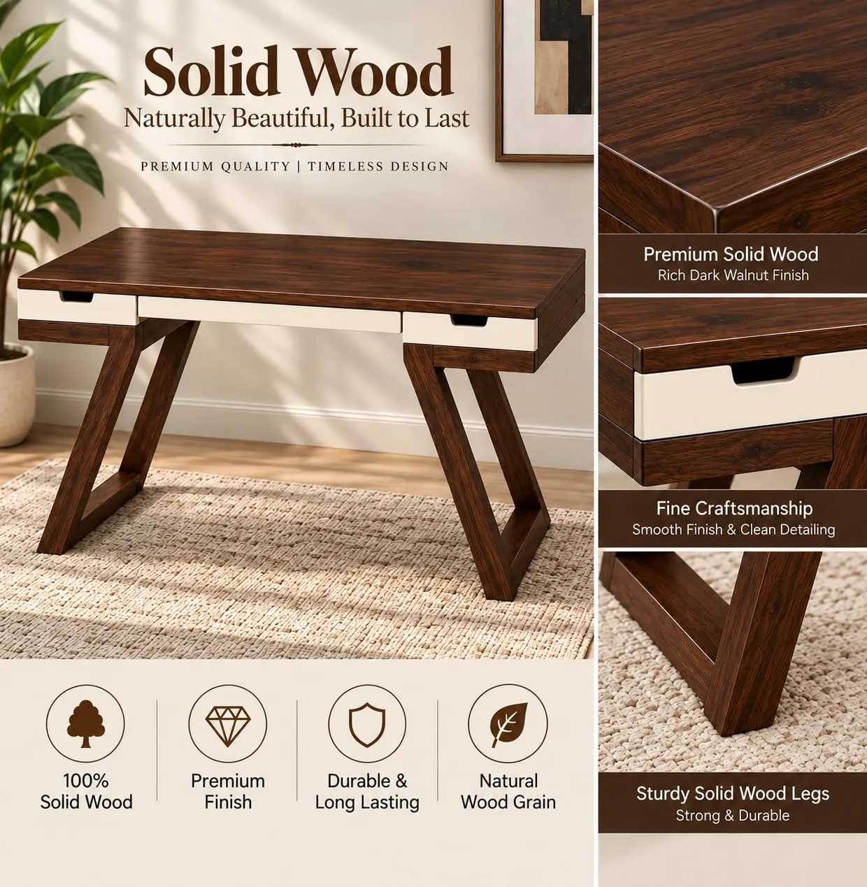 Solid Wood Study & Computer Table – 2 Drawers (Honey & White)