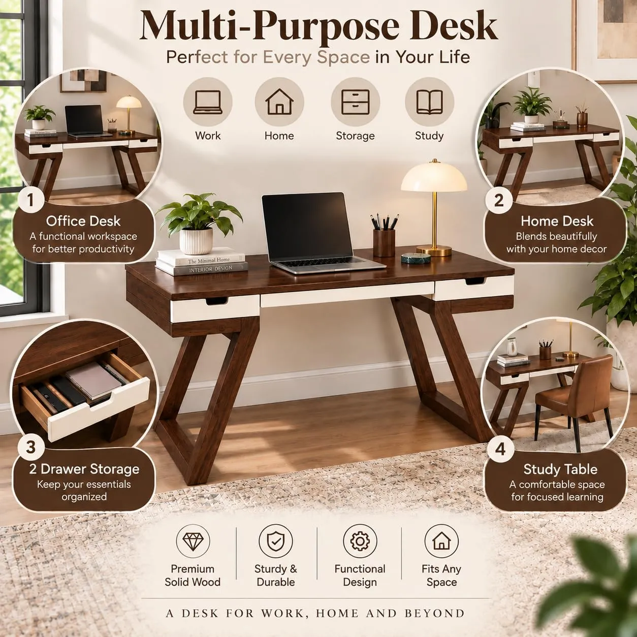 Solid Wood Study & Computer Table – 2 Drawers (Honey & White)