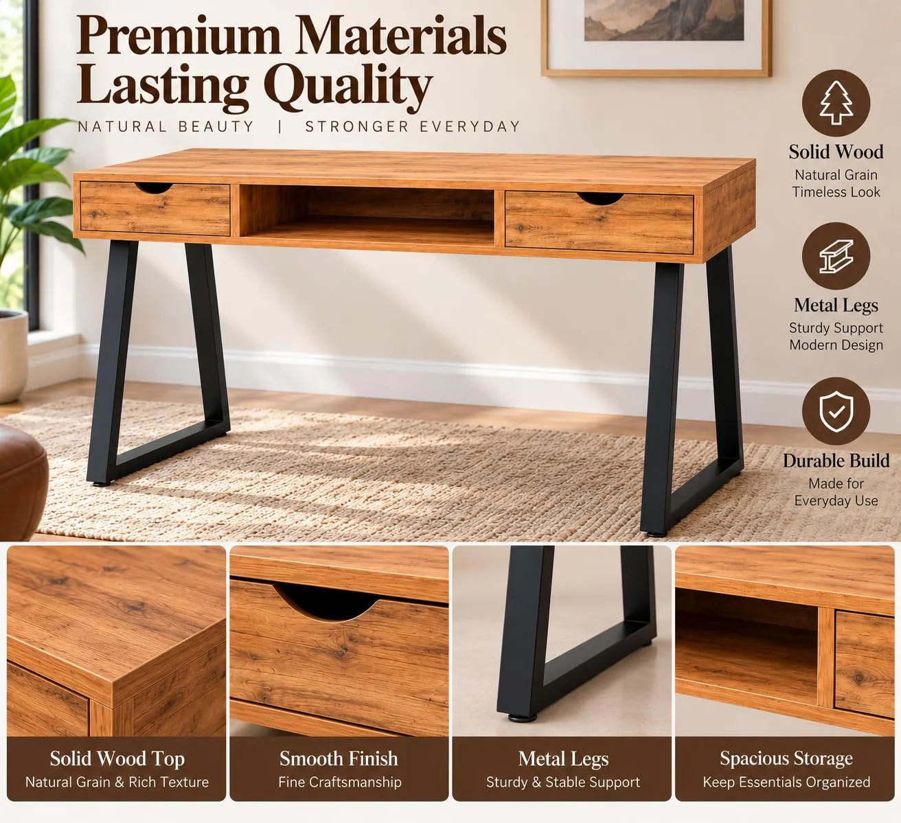 Solid Wood Writing Desk – 2 Drawers, Angled Legs (Natural)
