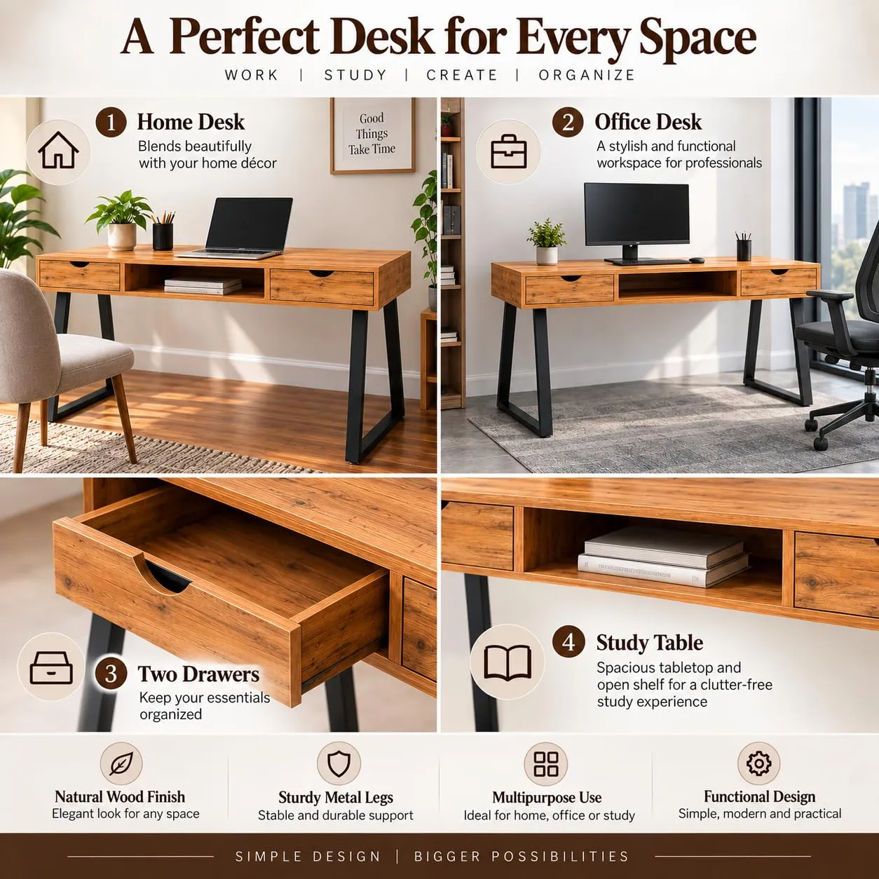 Solid Wood Writing Desk – 2 Drawers, Angled Legs (Natural)