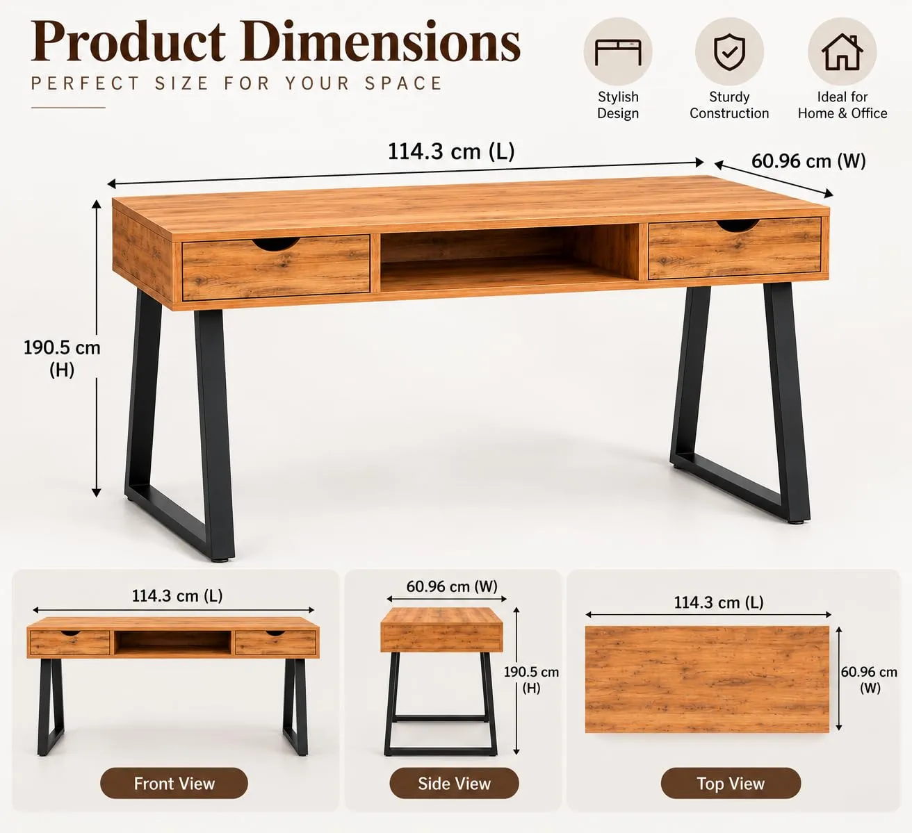 Solid Wood Writing Desk – 2 Drawers, Angled Legs (Natural)