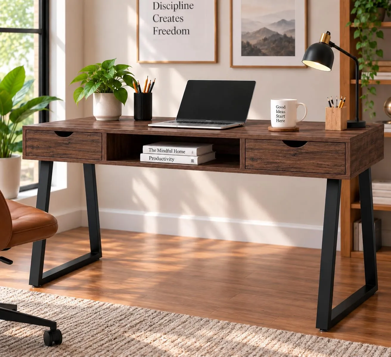 Solid Wood Writing Desk – 2 Drawers, Angled Legs (Natural)