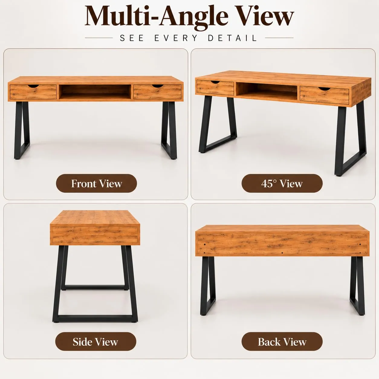 Solid Wood Writing Desk – 2 Drawers, Angled Legs (Natural)