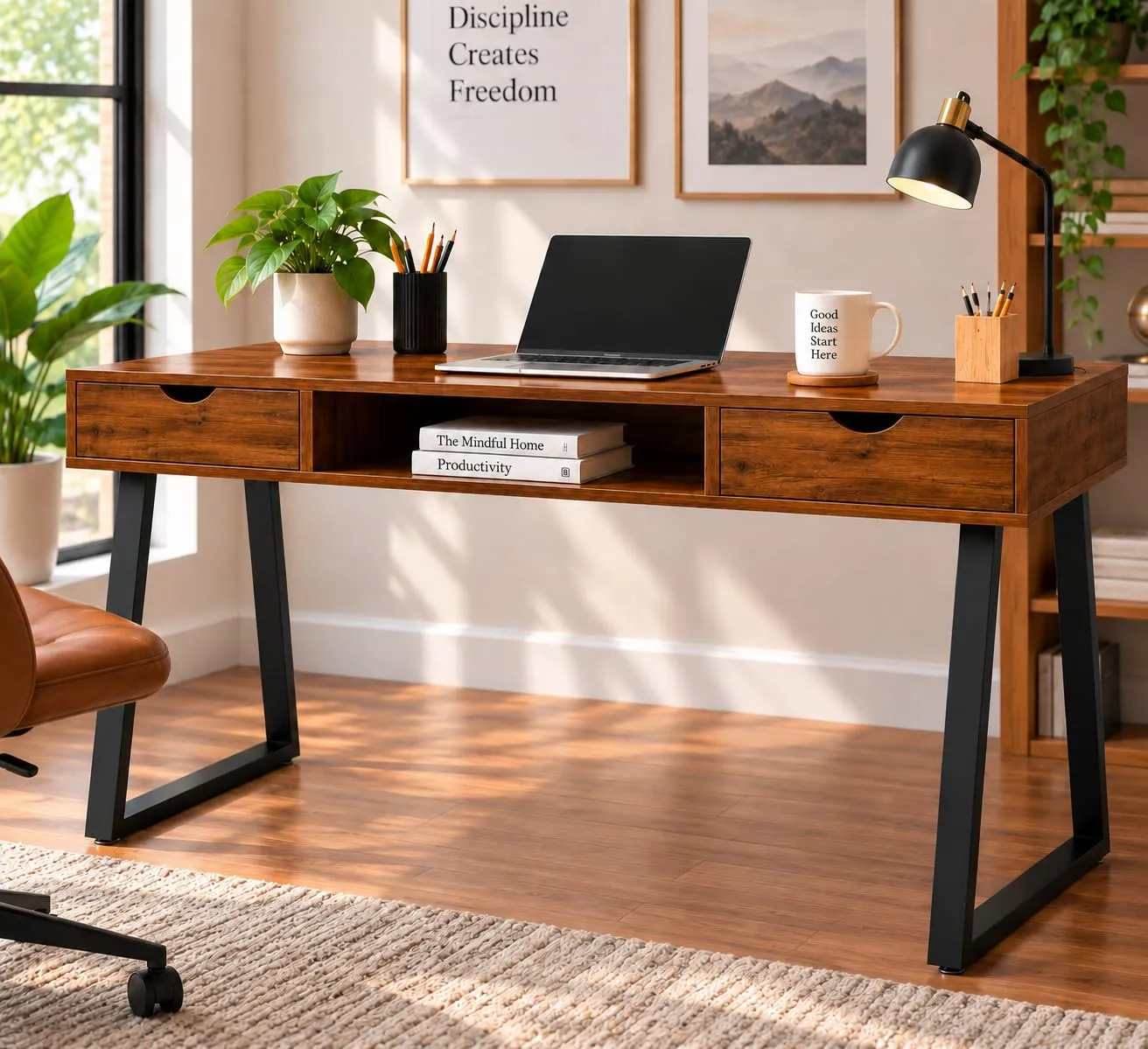 Solid Wood Writing Desk – 2 Drawers, Angled Legs (Natural)