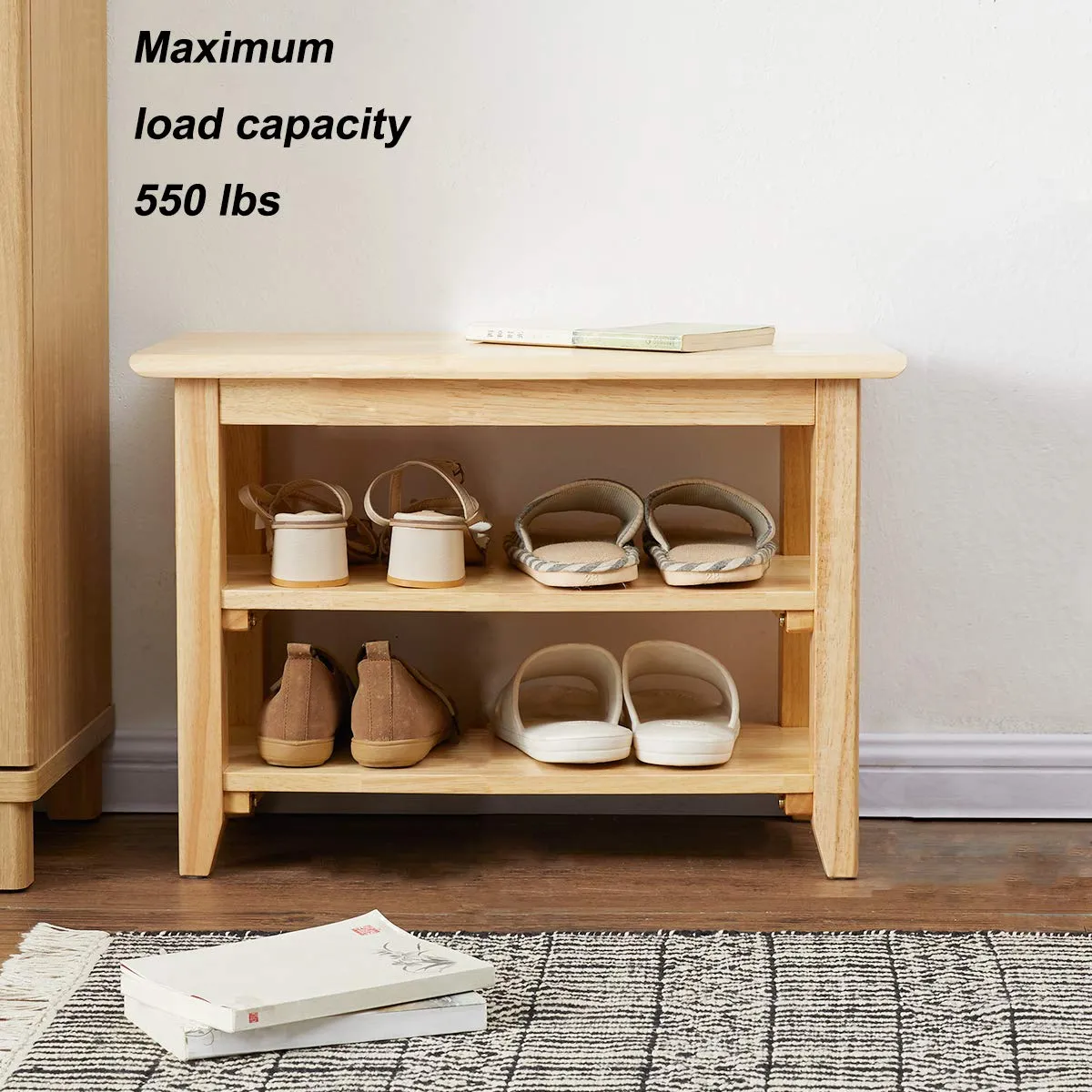 Wooden Shoe Bench (Natural, 60 cm)